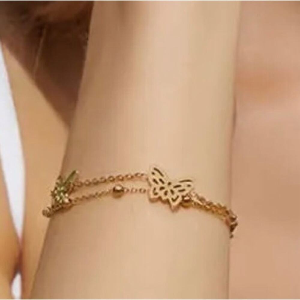 18K Gold Plated Butterfly Double Chain Charm Bracelet